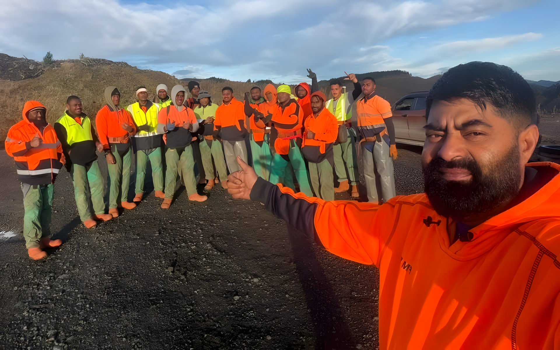 The FM Silvi team in hi-vis lined up on a forestry block