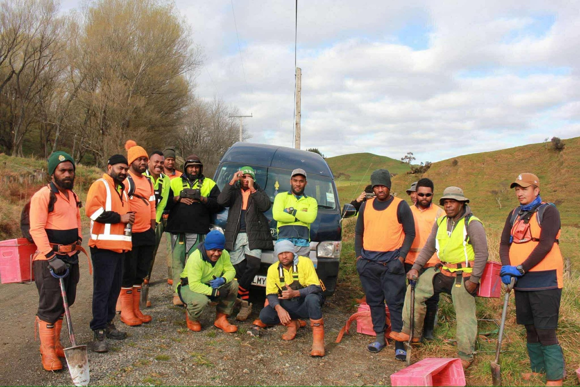 The full crew on a hilltop block