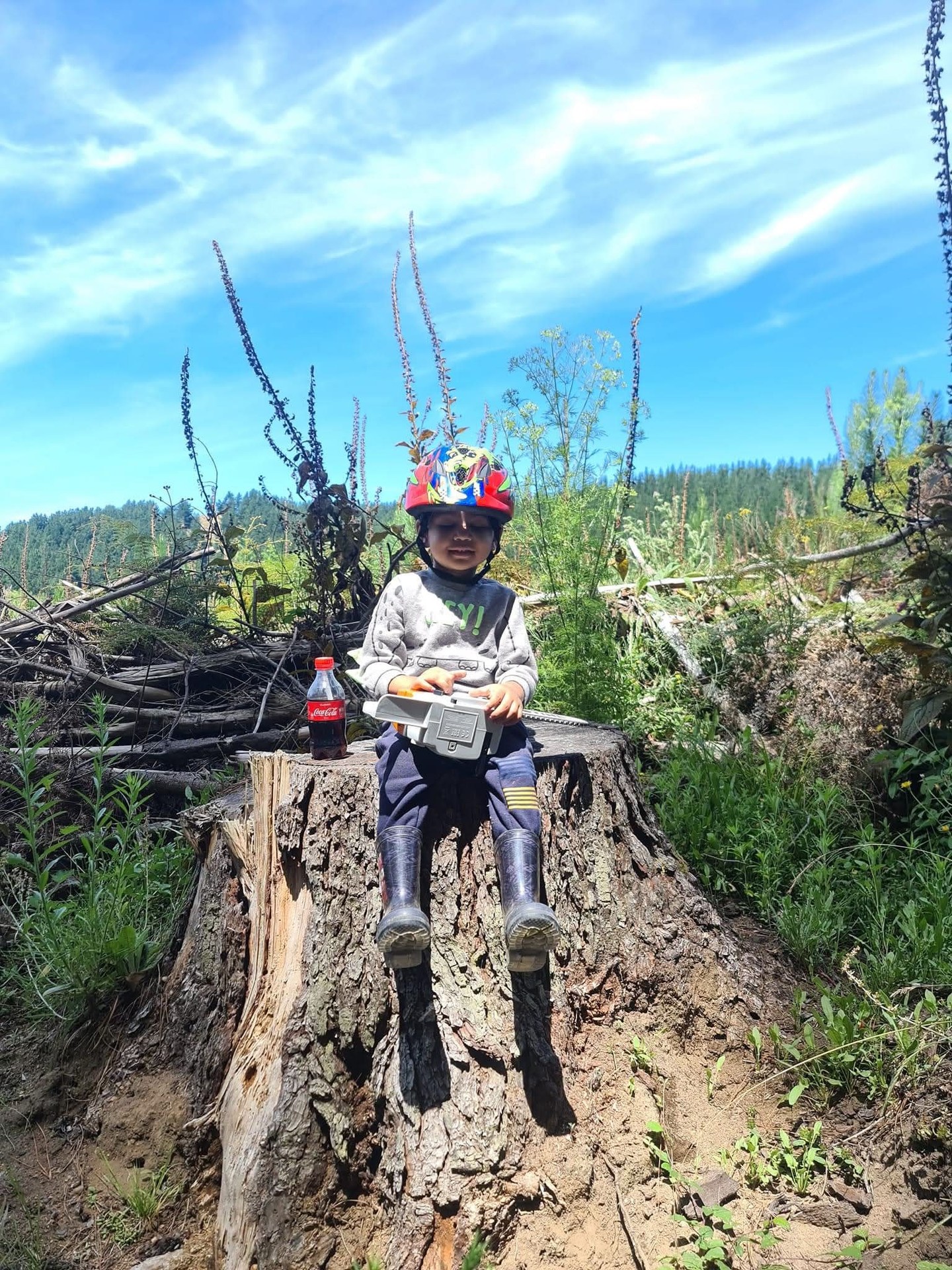 Crew member resting on a stump
