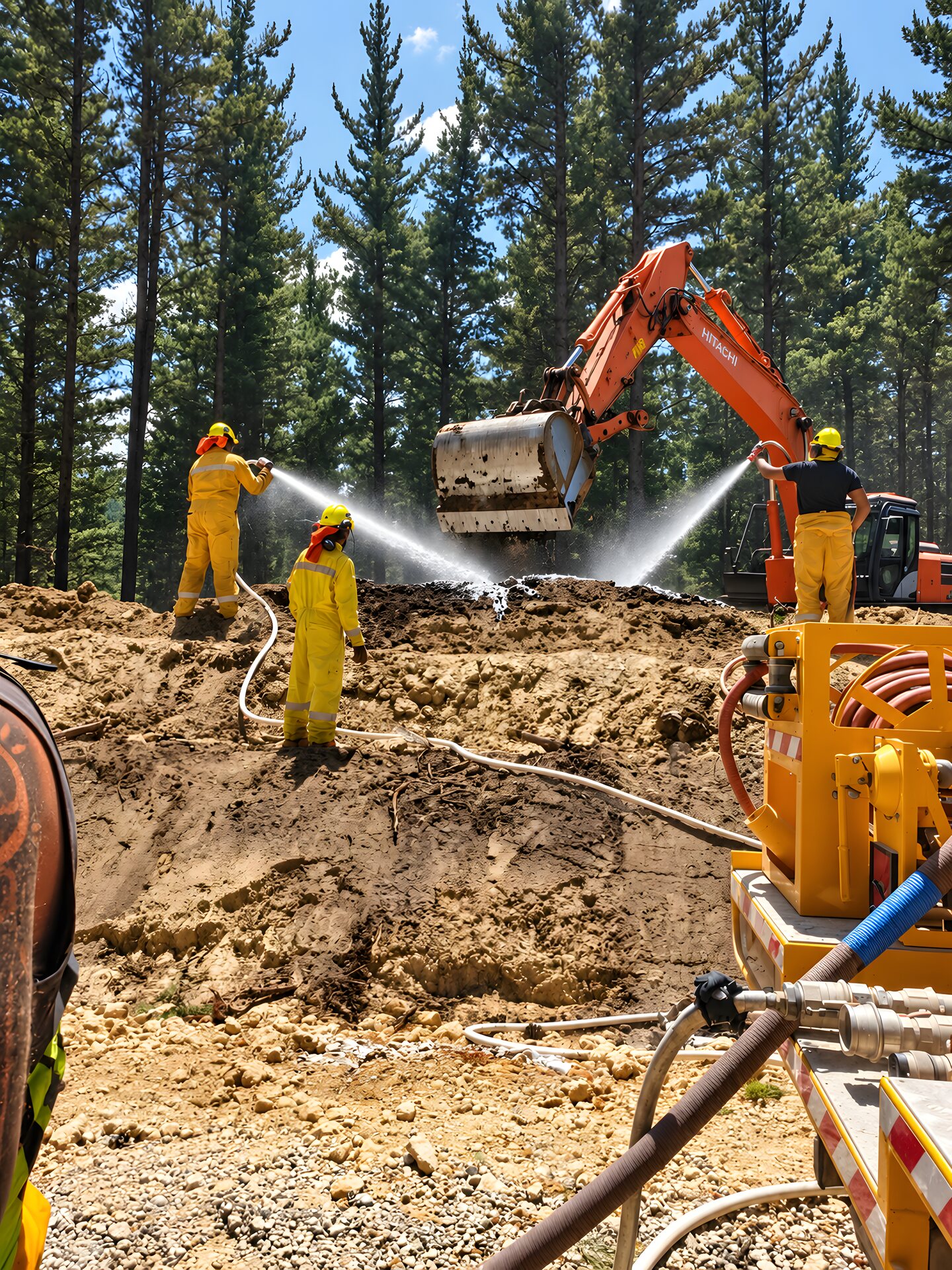 FM Silvi crew in fire gear hosing down a forestry site beside a digger
