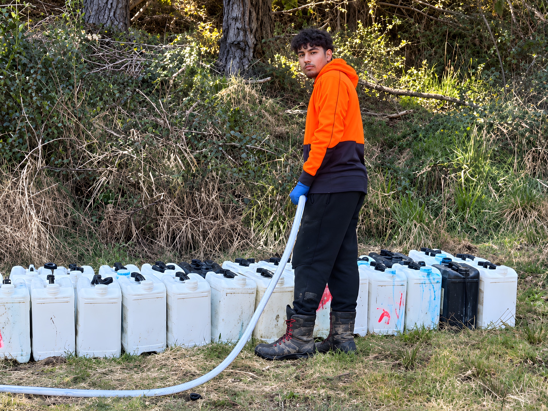 An FM Silvi trainee filling containers on a forestry block